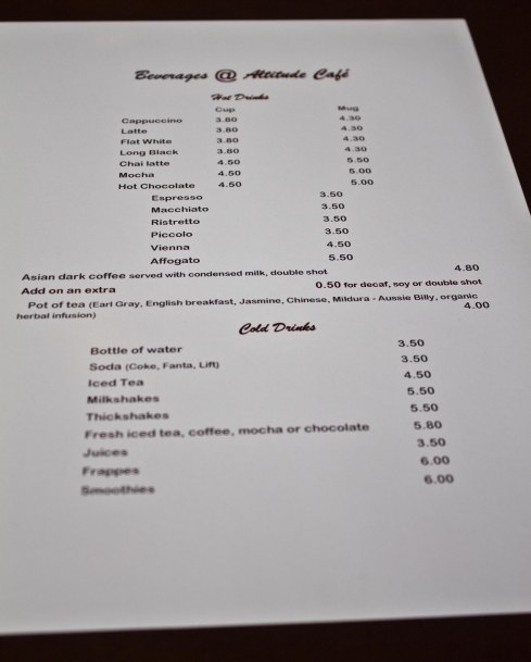 Altitude cafe drinks menu